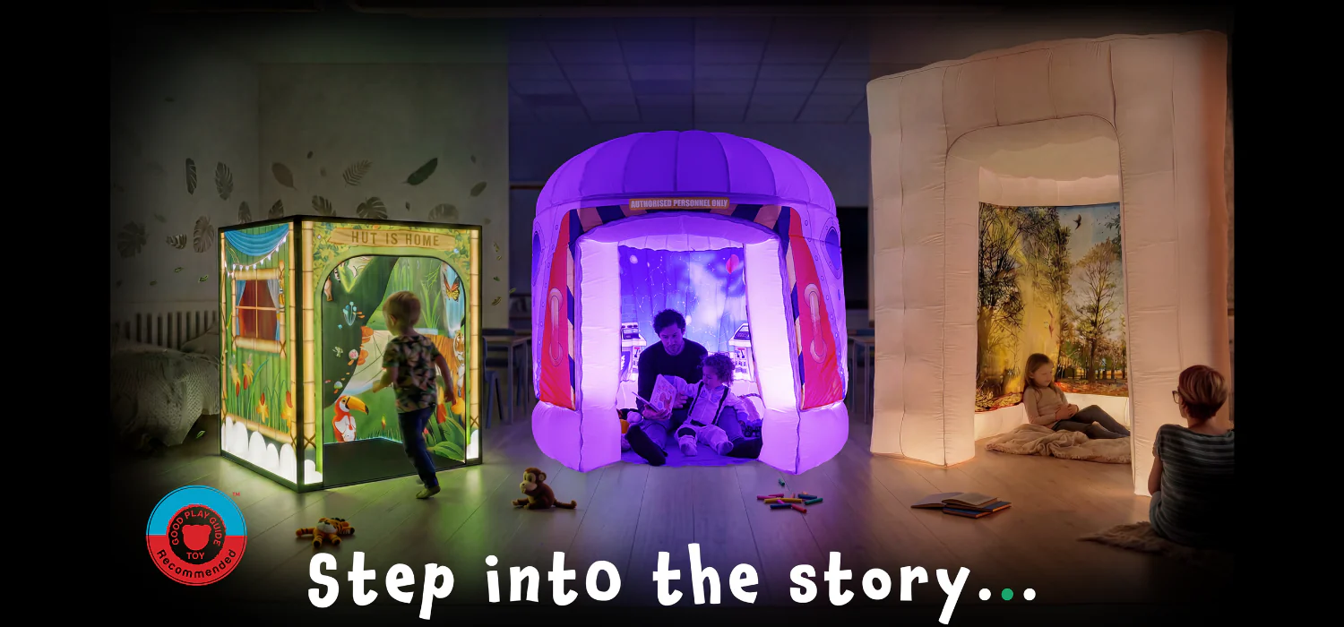 Children playing inside illuminated pop-up play tents